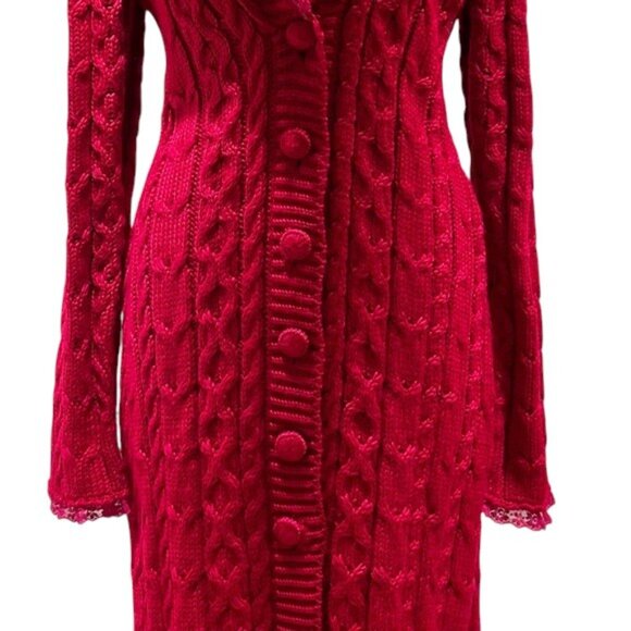 Betsey Johnson BLACK LABEL VIntage Y2K Red Rose Pink Sweater Duster Coat Dress - Picture 4 of 10